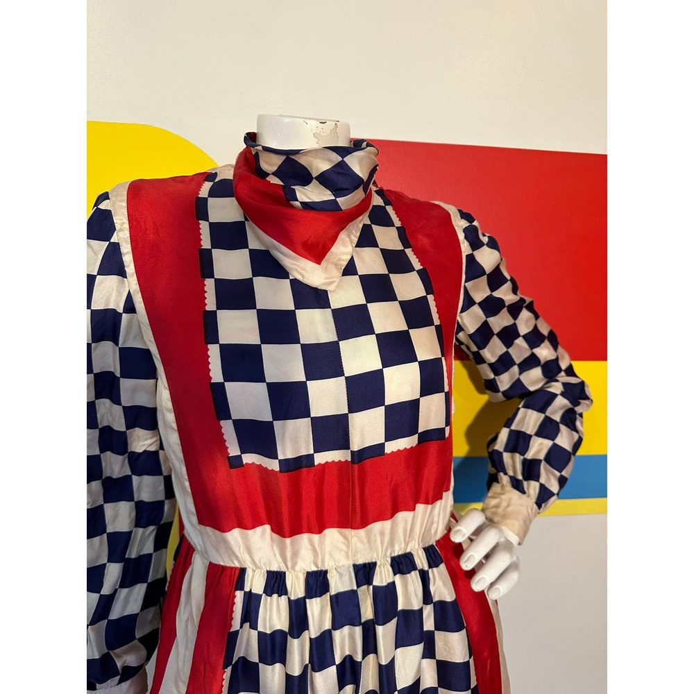 1970s vintage silk Rizkallah for Malcolm Starr checker day dress sz m - Picture 3 of 10